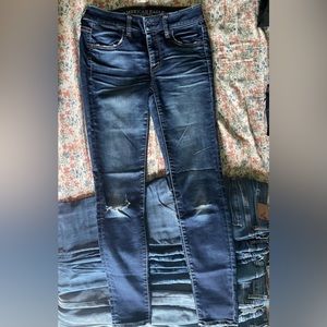 American Eagle dark-wash, distressed-knee jeggings, size 4